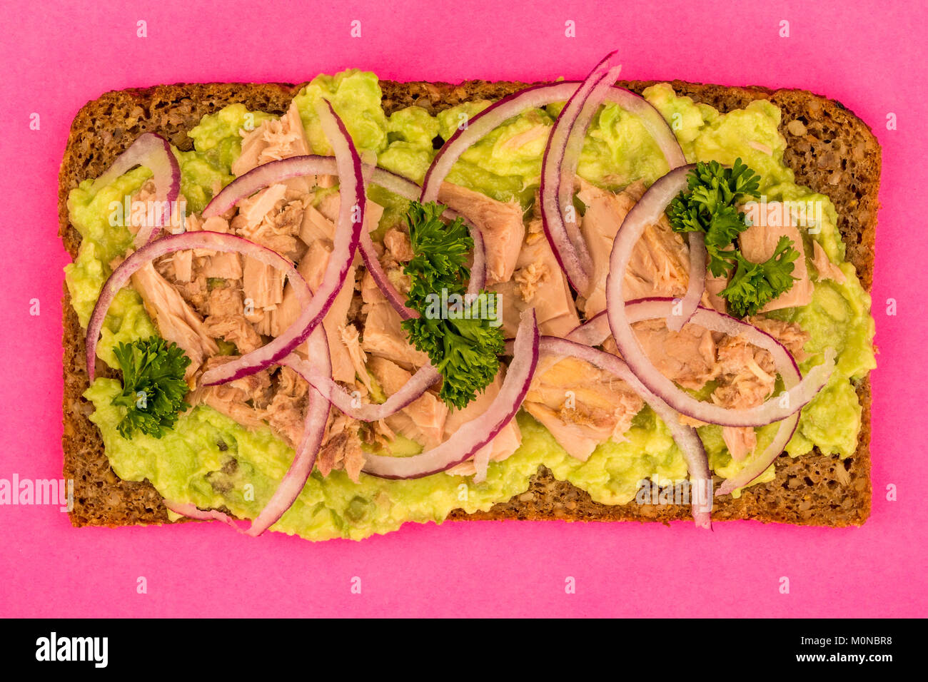 Tuna Fish and Avocado With Onions on Rye Bread Open Face Sandwich