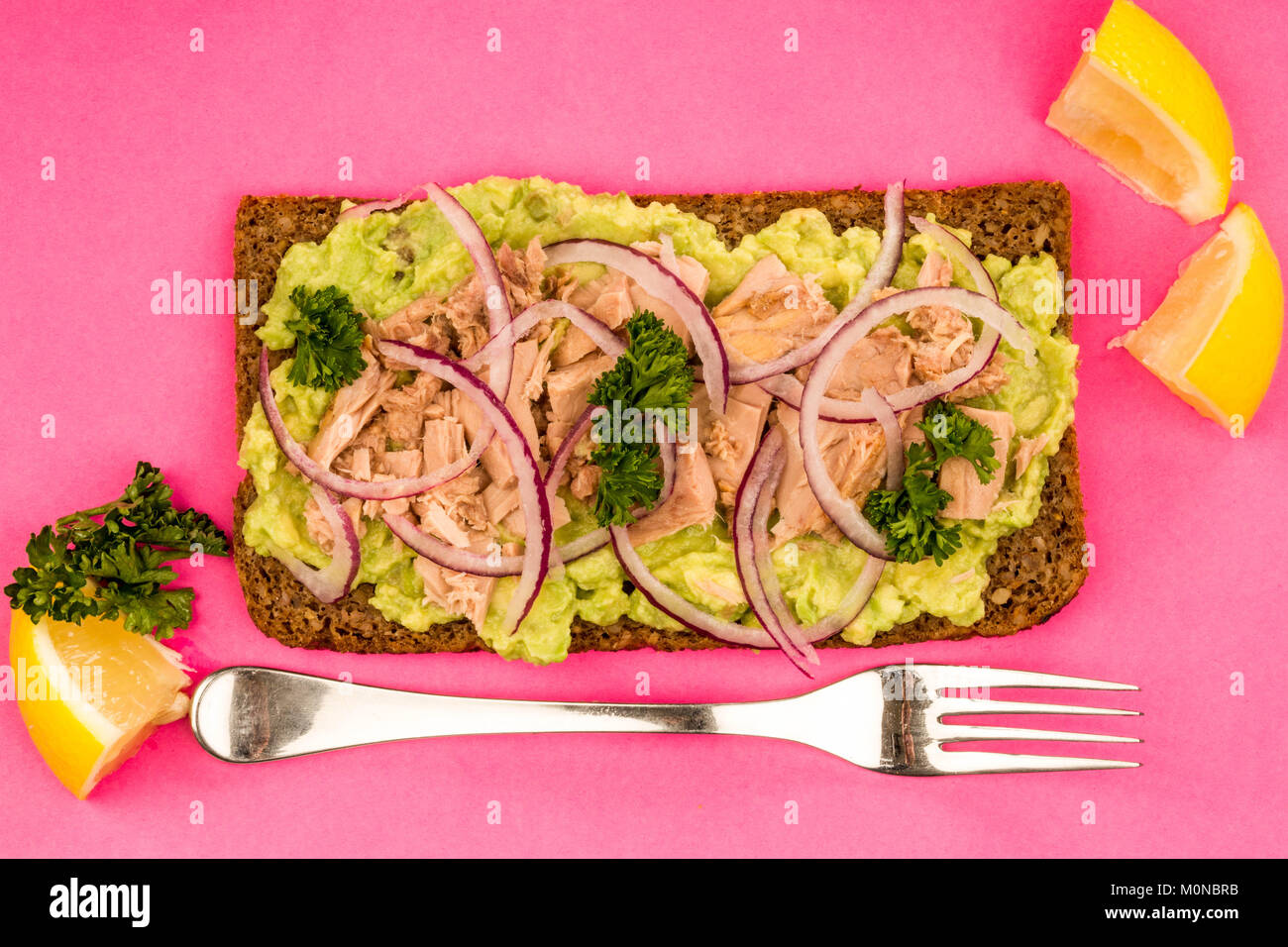 Tuna Fish and Avocado With Onions on Rye Bread Open Face Sandwich