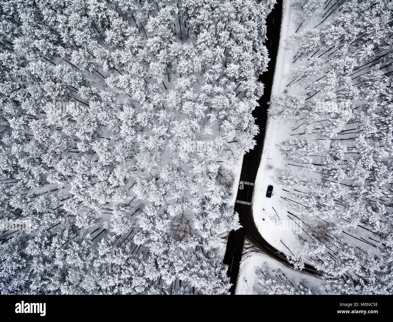 Aerial top view flat lay of road in winter forest Stock Photo