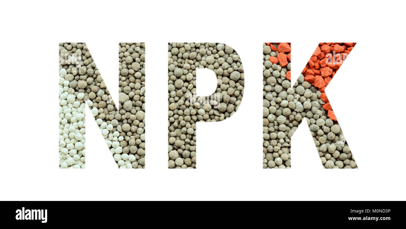 Potassium Lettering NPK letters made of composite mineral fertilizers on the white ...
