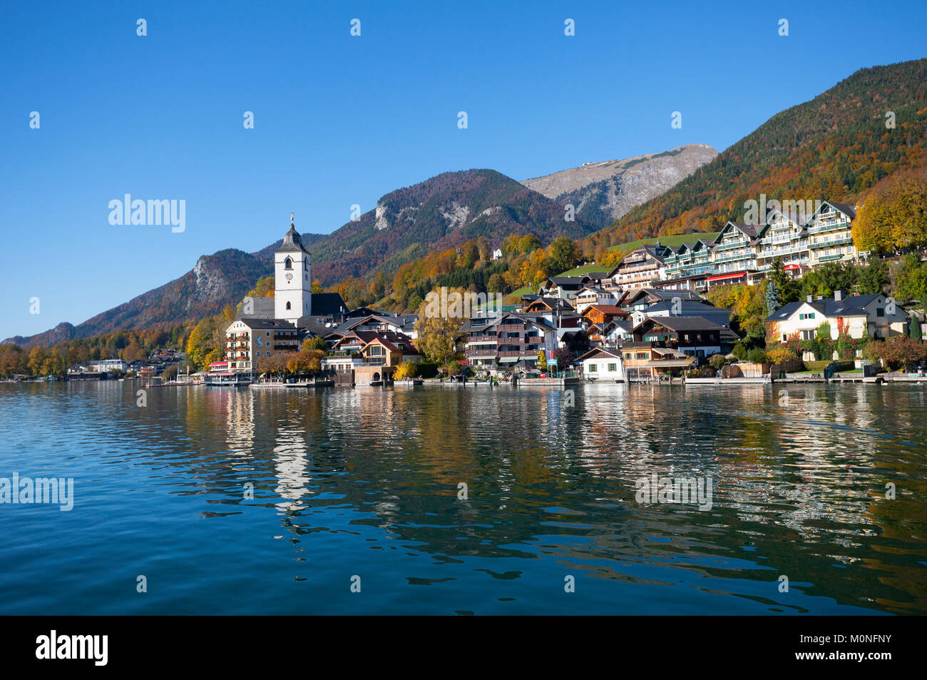 Austria, Upper Austria, Salzkammergut, St. Wolfgang with Schafberg, Lake Wolfgangsee, village view Stock Photo