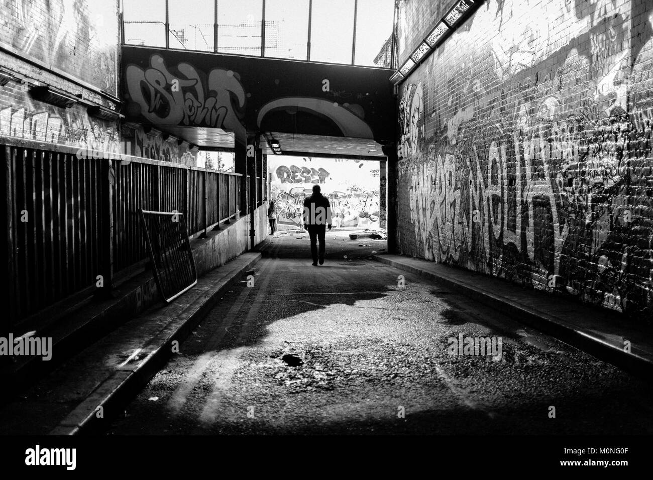 London black and white street photography: Leake street, Waterloo, London. Leake street is a popular area for graffiti artists to work. Stock Photo