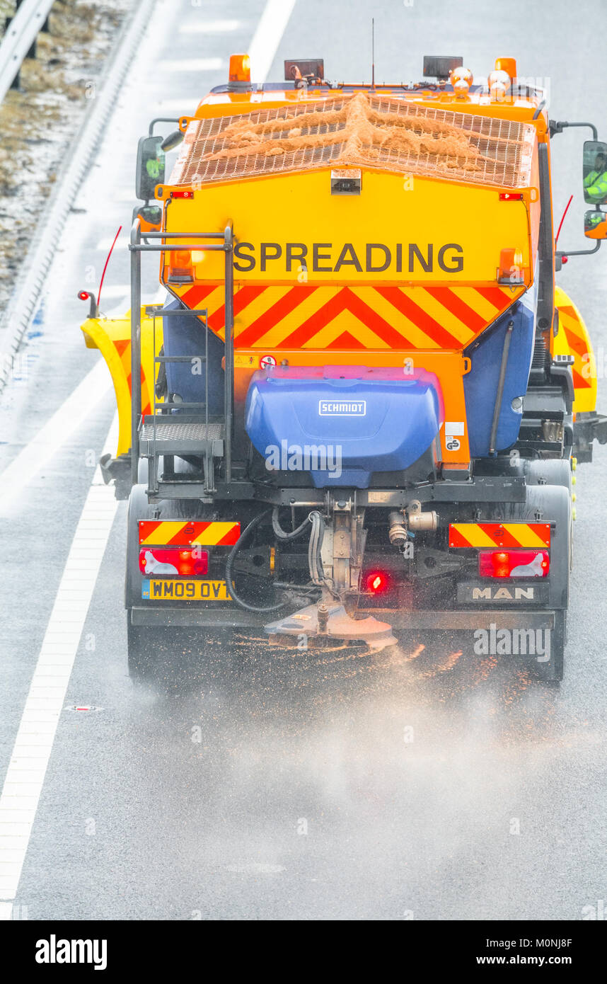 Snow, rain and spray on the M1 motorway leads to hazardous driving conditions. Stock Photo