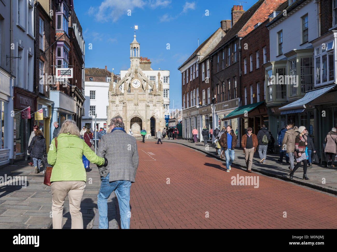 Pedestrianised zone near Chichester Cross (Market Cross) in South Street, City of Chichester, West Sussex, England, UK. Stock Photo