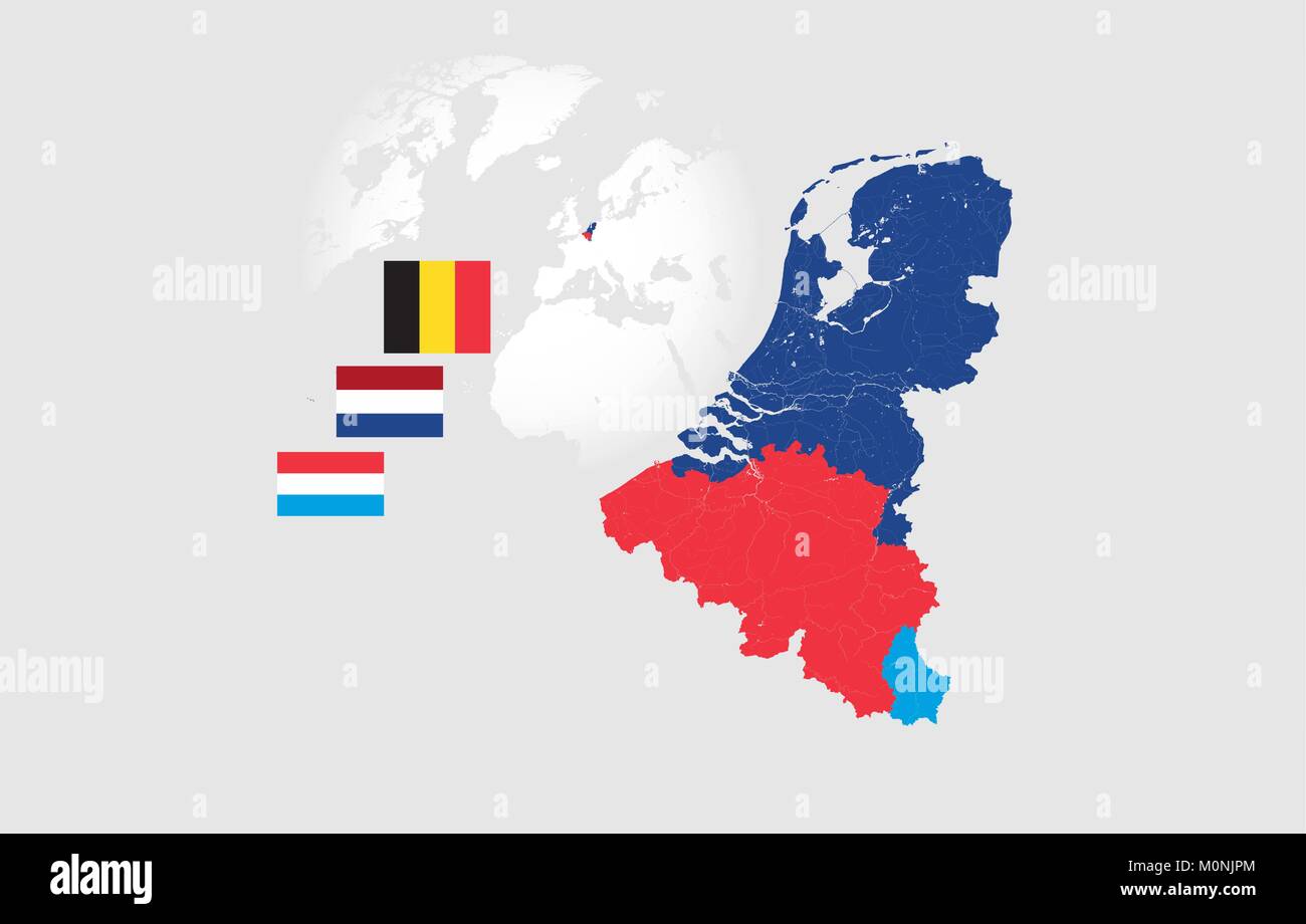 Map of BeNeLux countries with rivers and lakes and national flags. Map consists of separate maps of Belgium, Netherlands and Luxembourg that can be us Stock Vector