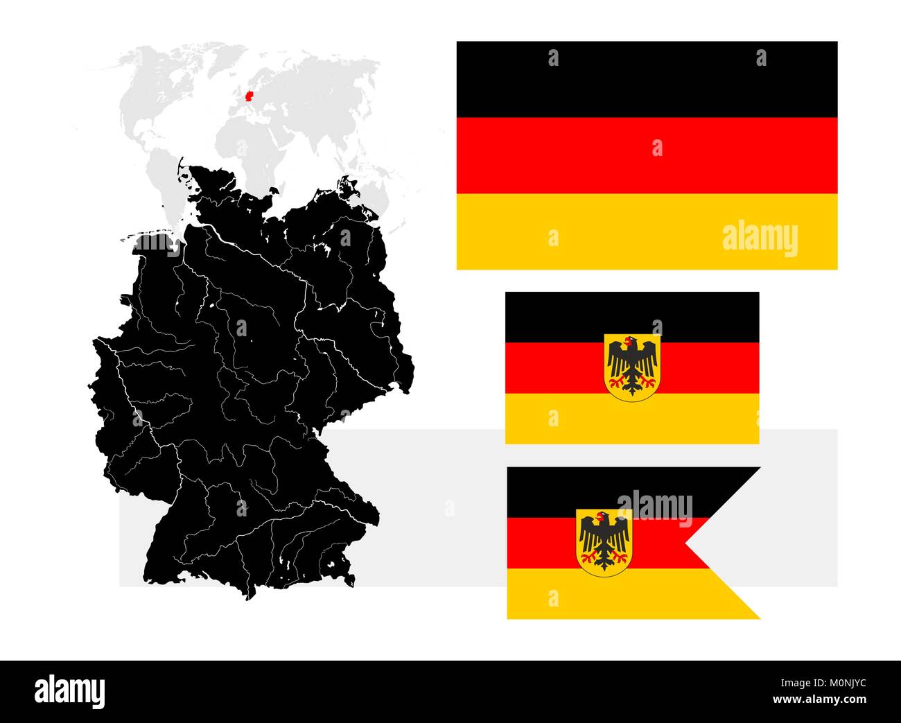 Very detailed map of Germany with lakes and rivers and three German flags - Bundesflagge und Handelsflagge (Civil and state flag, civil ensign, rectan Stock Vector