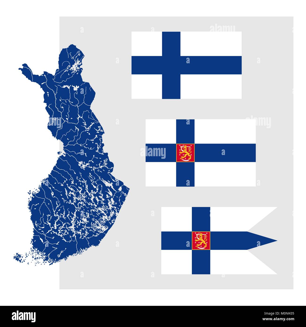 Very detailed map of Finland with lakes and rivers and three Finnish flags - National flag (Civil flag and ensign, rectangle), The State flag (State f Stock Vector