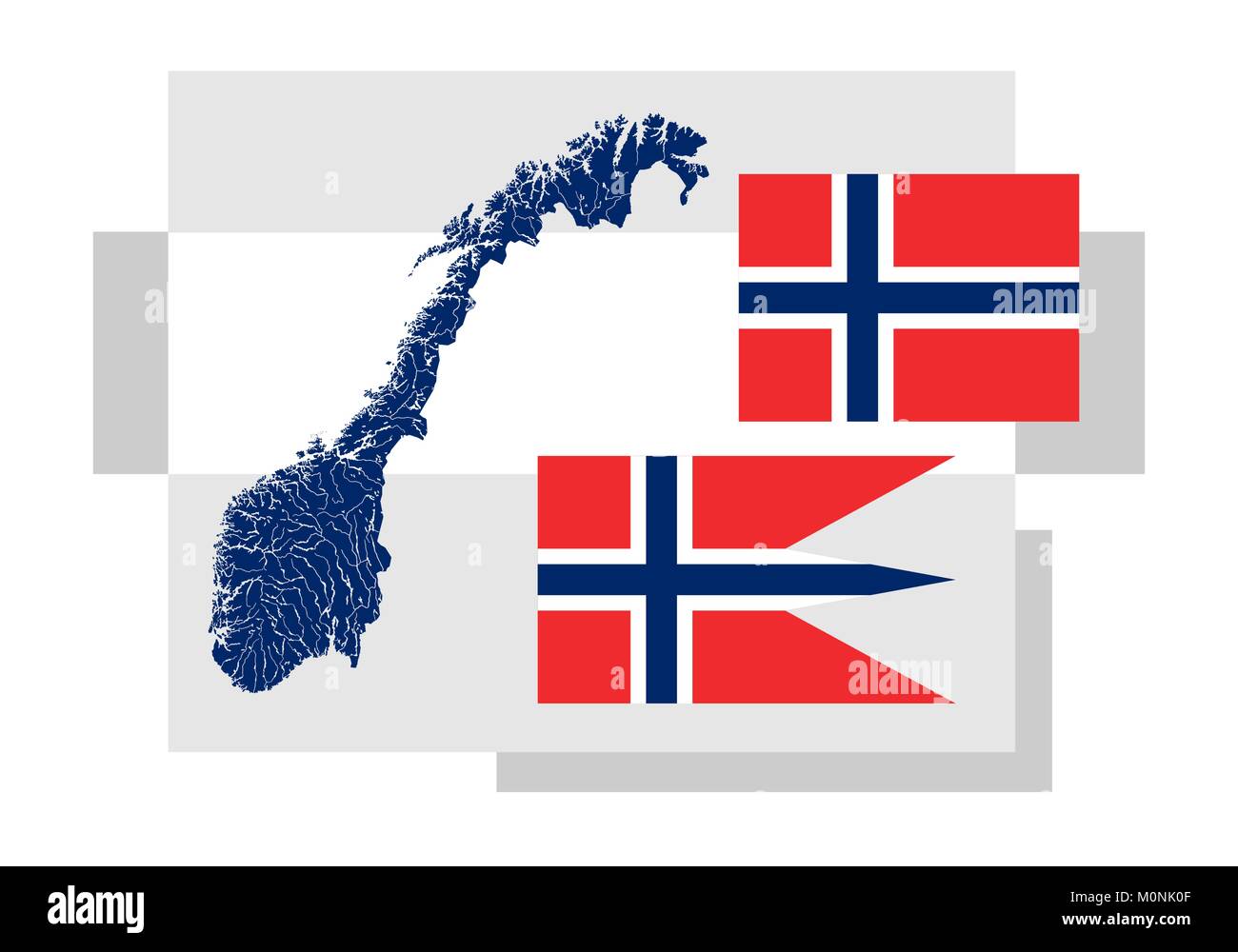 Very detailed map of Norway with lakes and rivers and two Norwegian flags - Civil flag and ensign (rectangle) and State and war flag, state and naval  Stock Vector