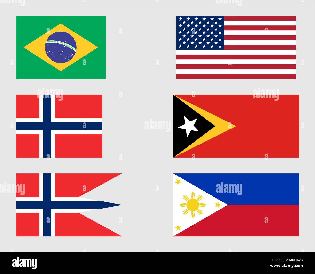 Brazilian, American, Norwegian, East Timorese and Philippine flags. Stock Vector