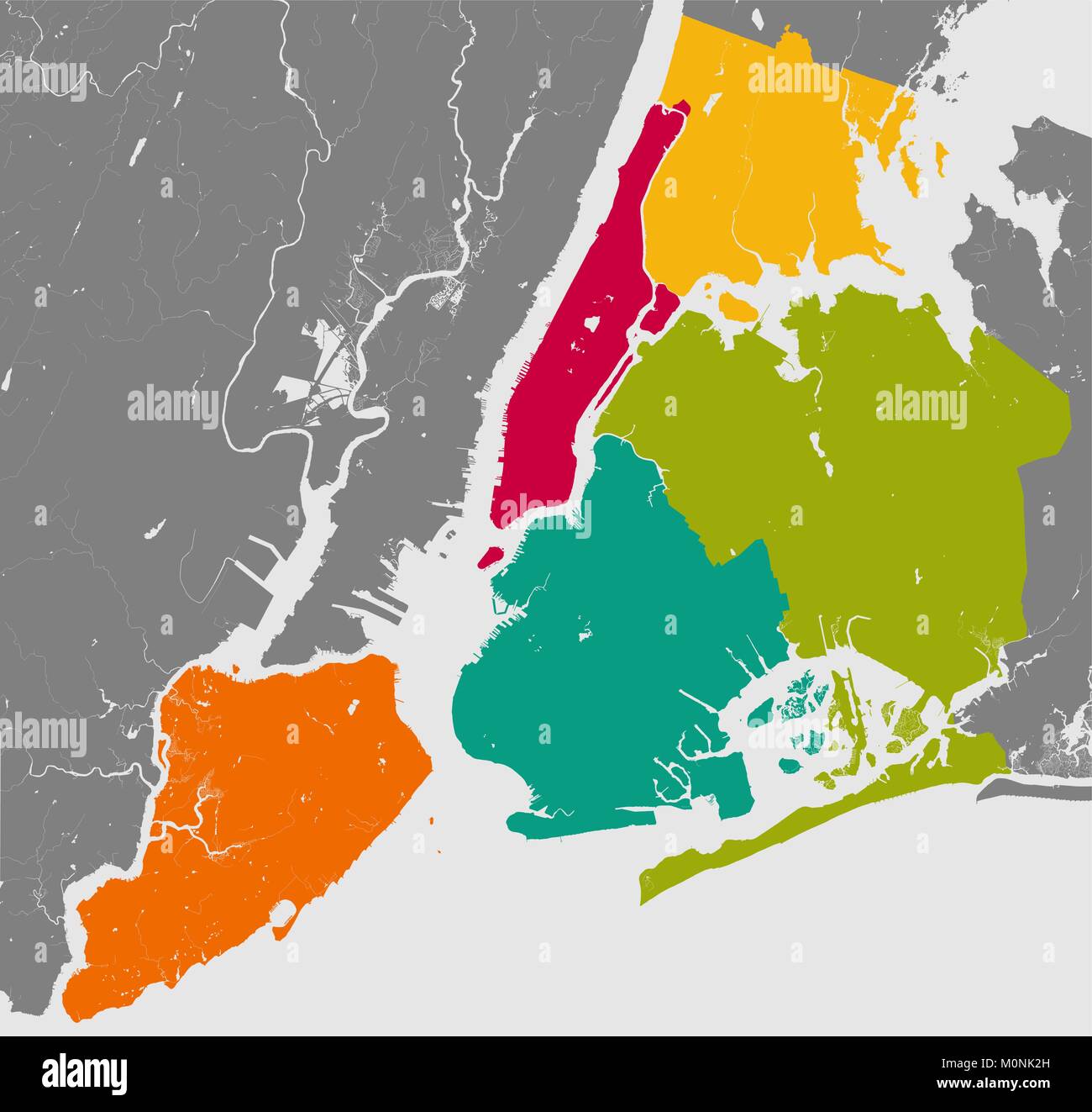 High resolution outline map of New York City with NYC boroughs. Each boroughs placed on a separate layer. Stock Vector