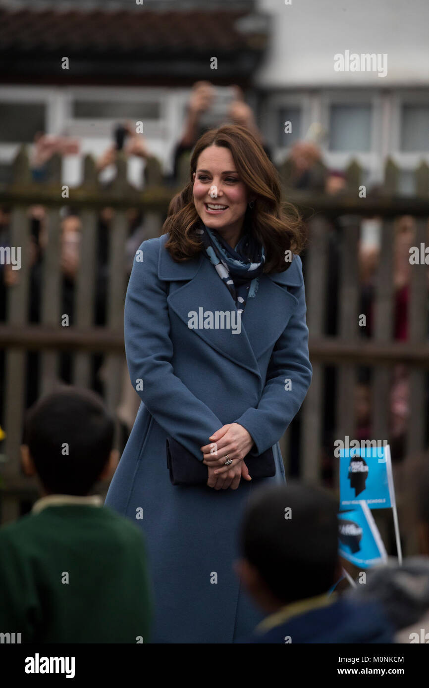 23rd January 2018 London UK  Britain's Catherine, The Duchess of Cambridge, launches a new mental health project for young children, in the latest initiative from the Heads Together campaign. The Duchess visits Roe Green Junior School, Brent, on Tuesday 23rd January, where she met with pupils and teachers, and took part in a lesson designed to help support children's mental health and well-being. Stock Photo