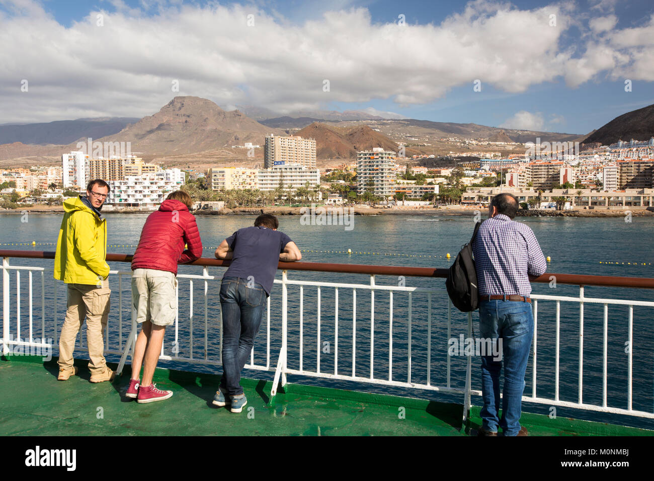 Passengers on a ferry coming into Los Christianos on Tenerife, Canary Islands. Stock Photo