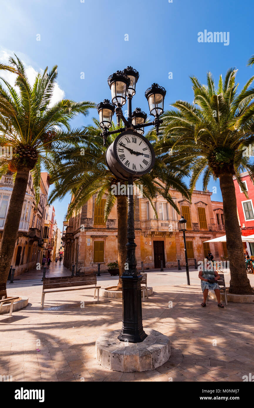 A clock in Ciutadella de Menorca , Menorca , Balearic Islands , Spain Stock Photo