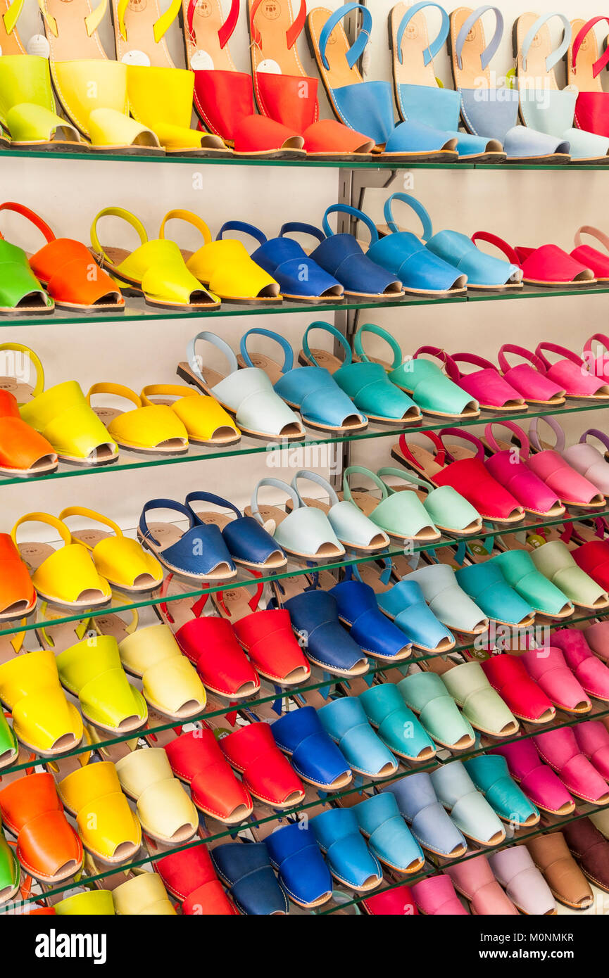 Shoes for sale in  Menorca , Balearic Islands , Spain Stock Photo