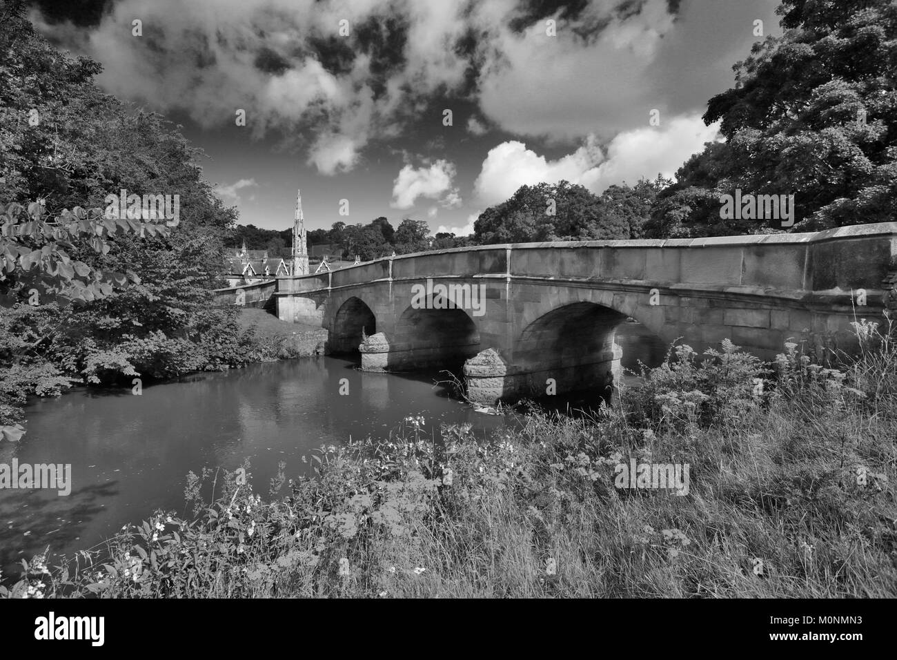 Summer, River Manifold bridge, Ilam village; Staffordshire; England; UK Stock Photo