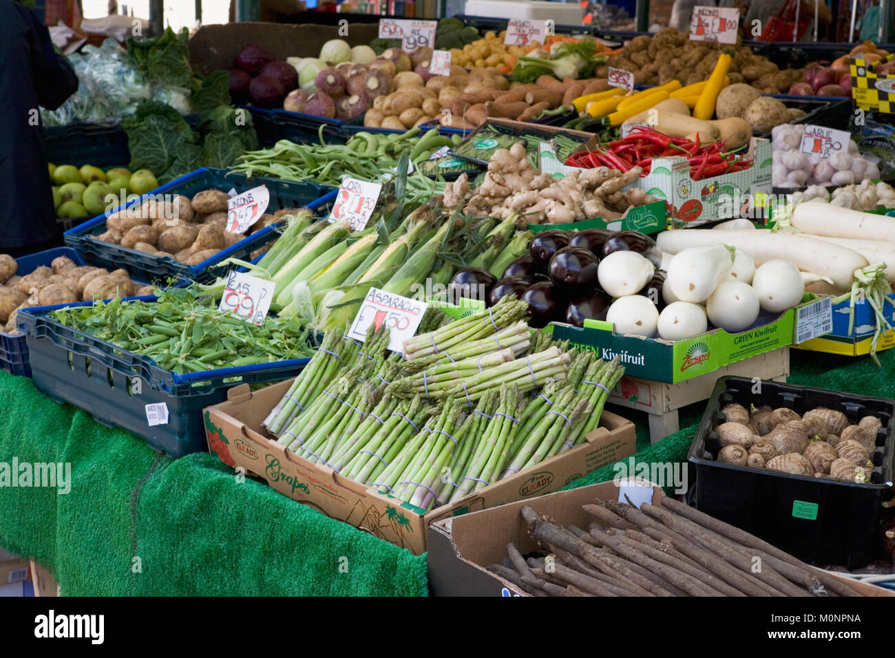 Variety of vegetables on a market stall, Little Shambles, York, England