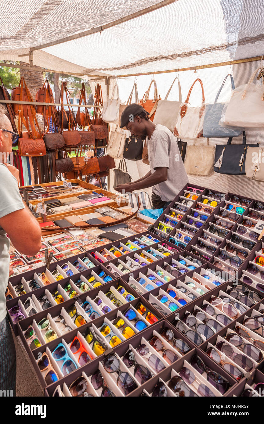 Sunglasses for sale at the street market in Mahon , Menorca , Balearic Islands , Spain Stock Photo