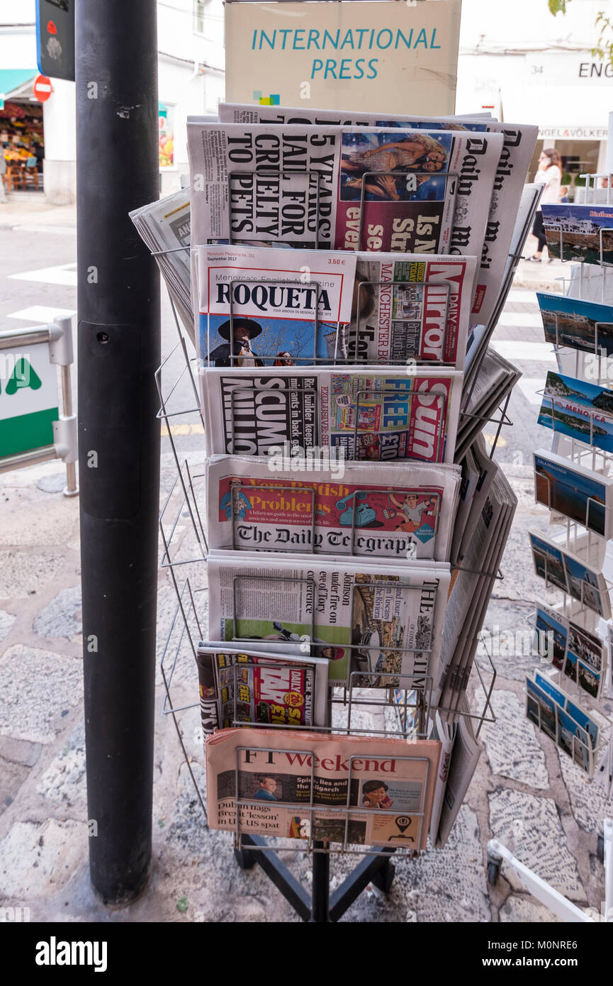 English newspapers for sale in Mahon , Menorca , Balearic Islands , Spain Stock Photo