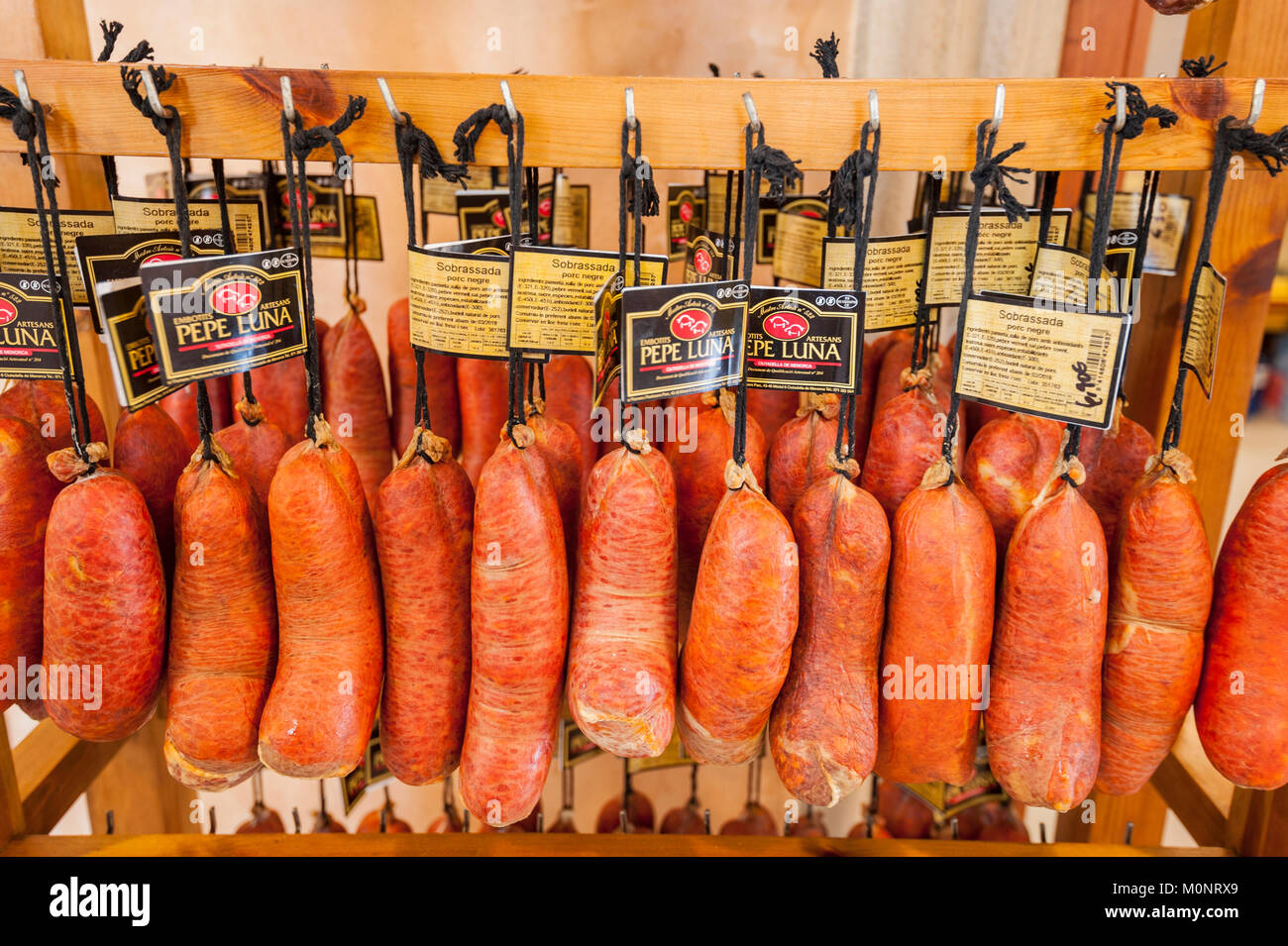 Cured meats sausages for sale in Mahon , Menorca , Balearic Islands , Spain Stock Photo