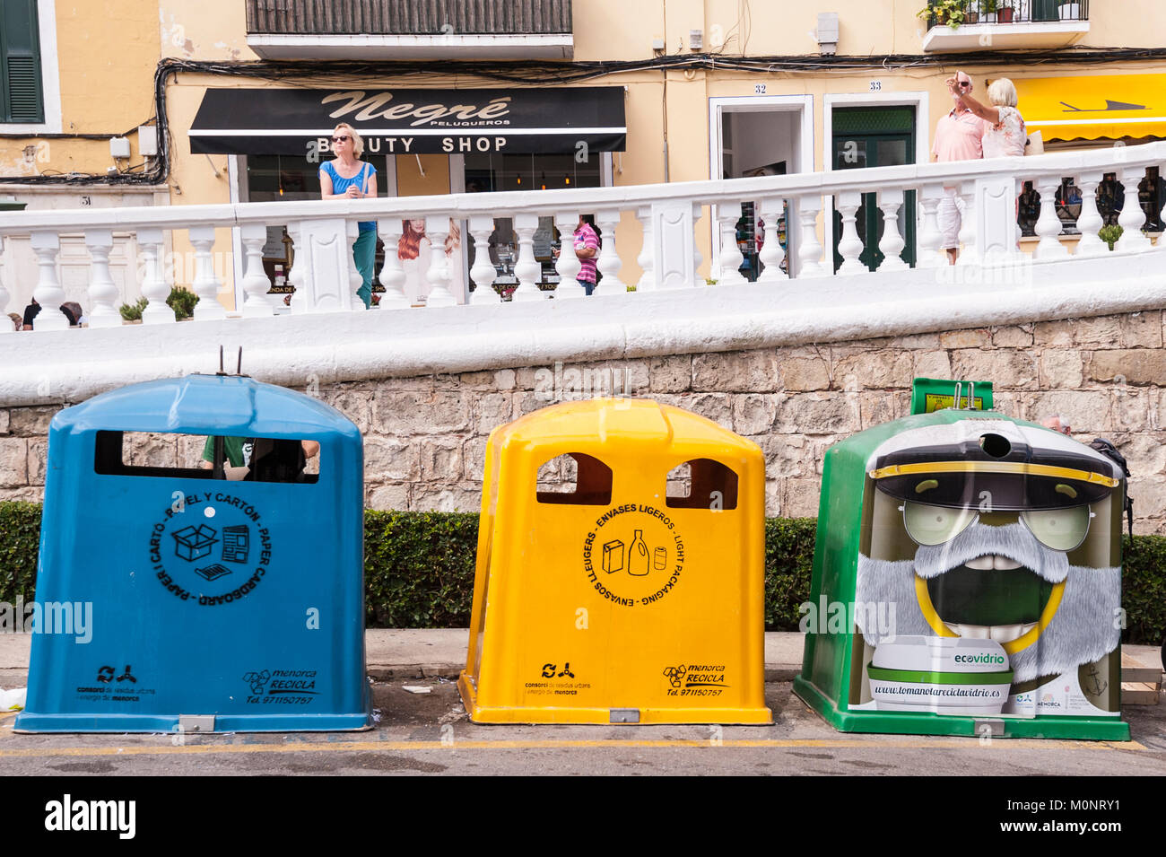 Recycling bins in Mahon , Menorca , Balearic Islands , Spain Stock Photo