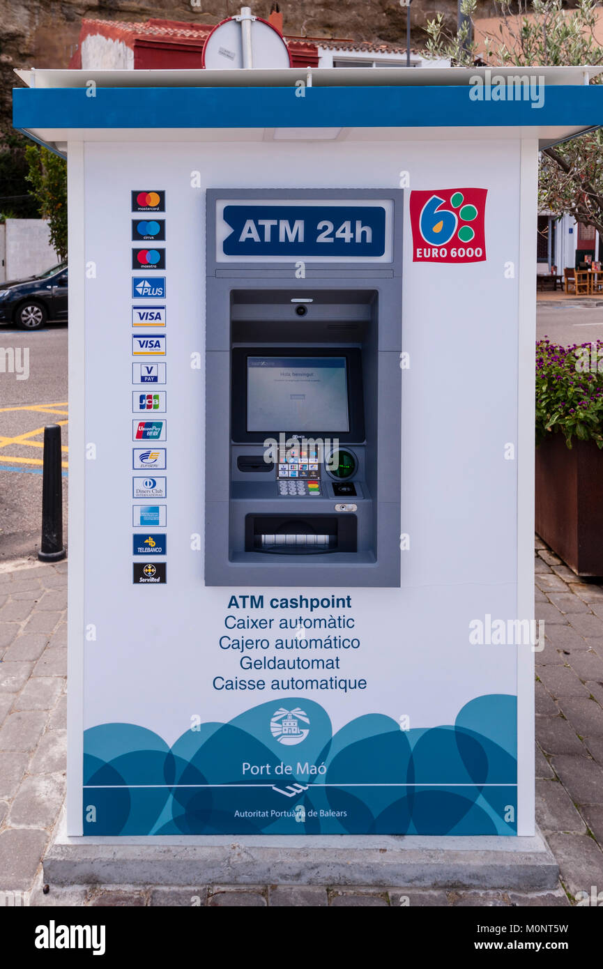 A 24hr ATM speedbank cash machine at the Port in Mahon , Menorca , Balearic Islands , Spain Stock Photo