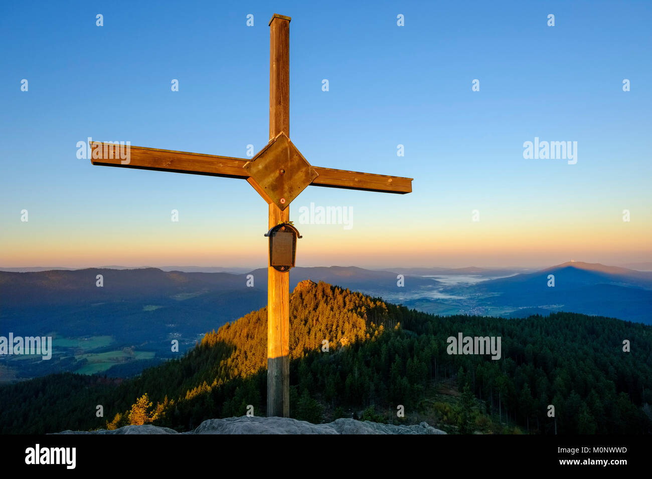 Summit cross,Großer Osser near Lam,Künisches Gebirge,Bavarian Forest,Upper Palatinate,Bavaria,Germany Stock Photo