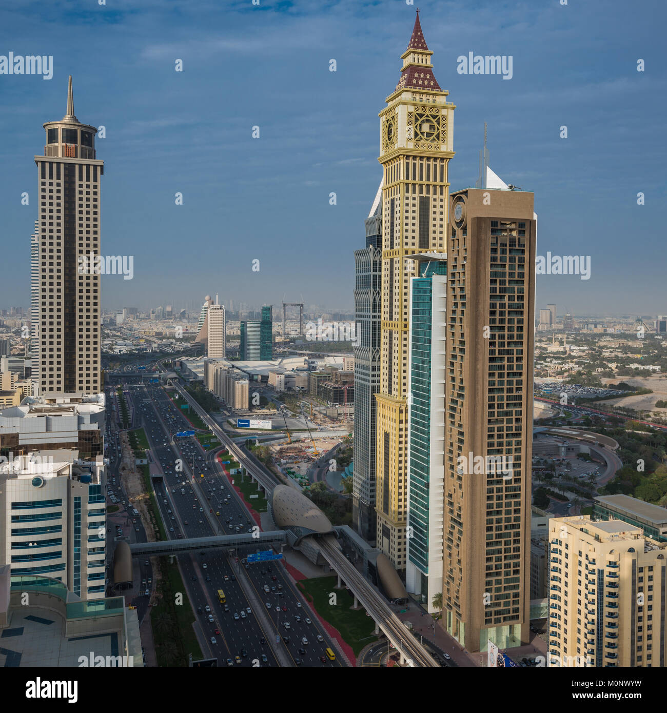 Views of Downtown Dubai and Financial Centre from a rooftop bar, Dubai, UAE, United Arab Emirates Stock Photo