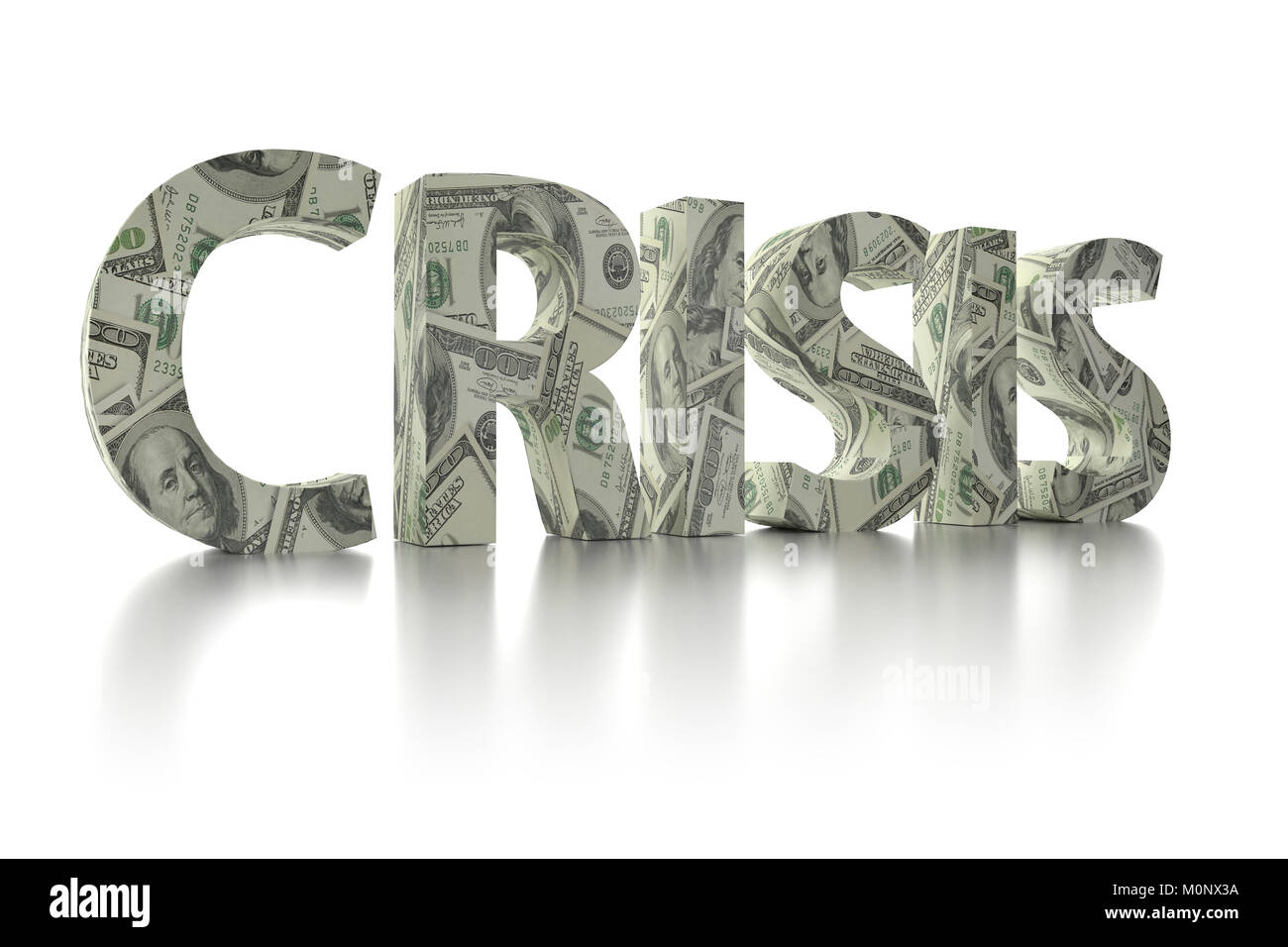 3D rendering of CRISIS word wrapped around with 100 USD banknotes over white background Stock Photo