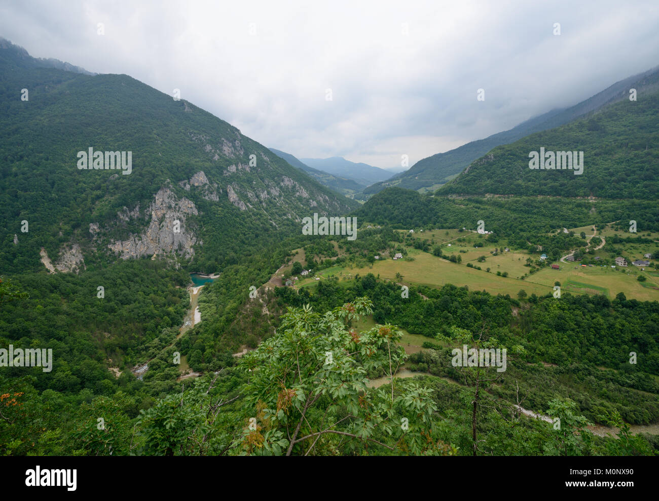 High angle scenic view of Devil's Lies (Davolje lazi) canyon of Tara river in cloudy summer day in Montenegro. Stock Photo
