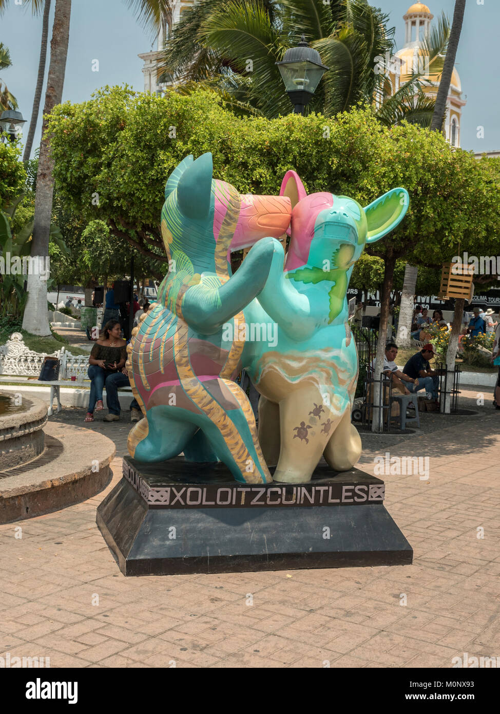 Statue Of The Colima Dancing Dogs (Xoloitzcuintle) A Hairless Dog Breed These Statues Are Painted By Artists As Public Sculpture Comala Mexico Stock Photo