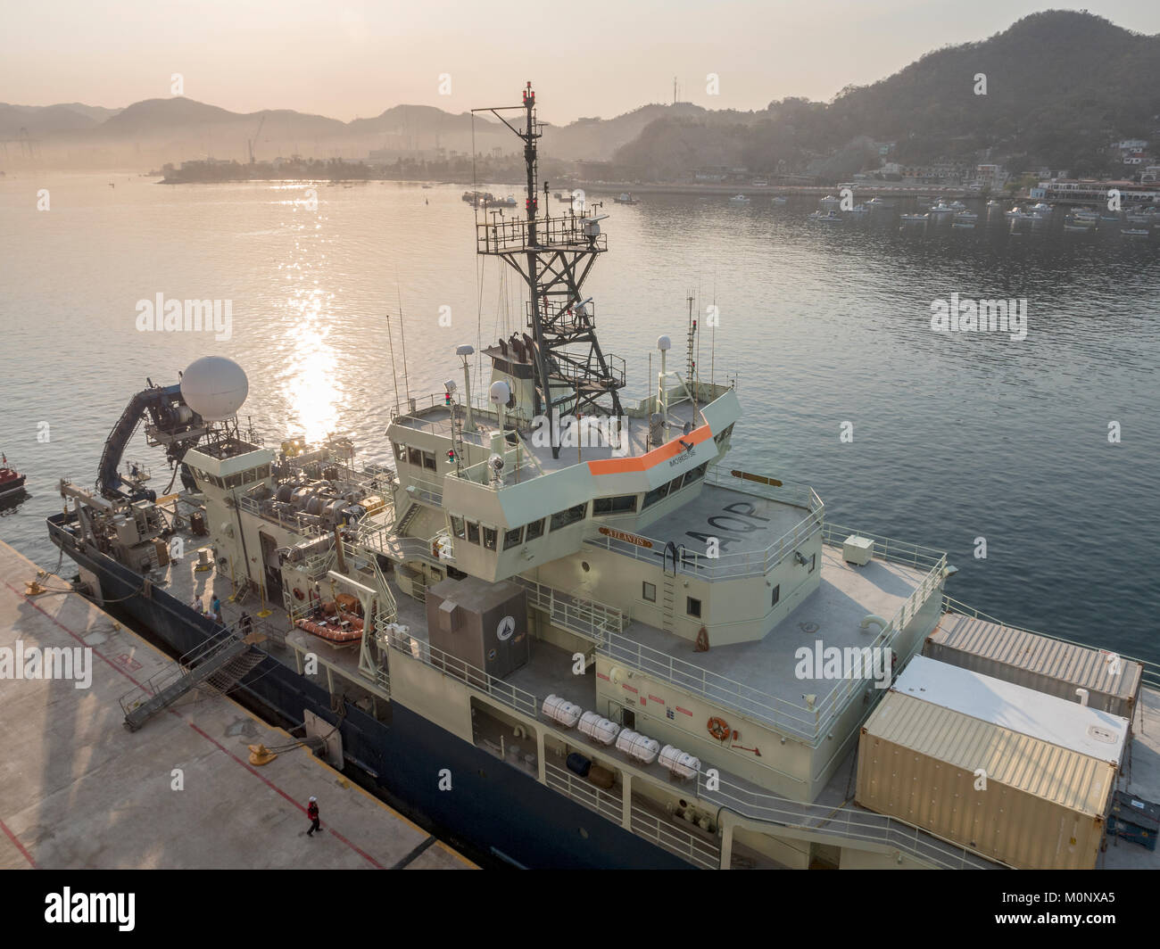 Woods Hole Oceanographic Institute Operates Research Vessel Atlantis Owned By The U.S. Navy In Port At Manzanillo Mexico Stock Photo