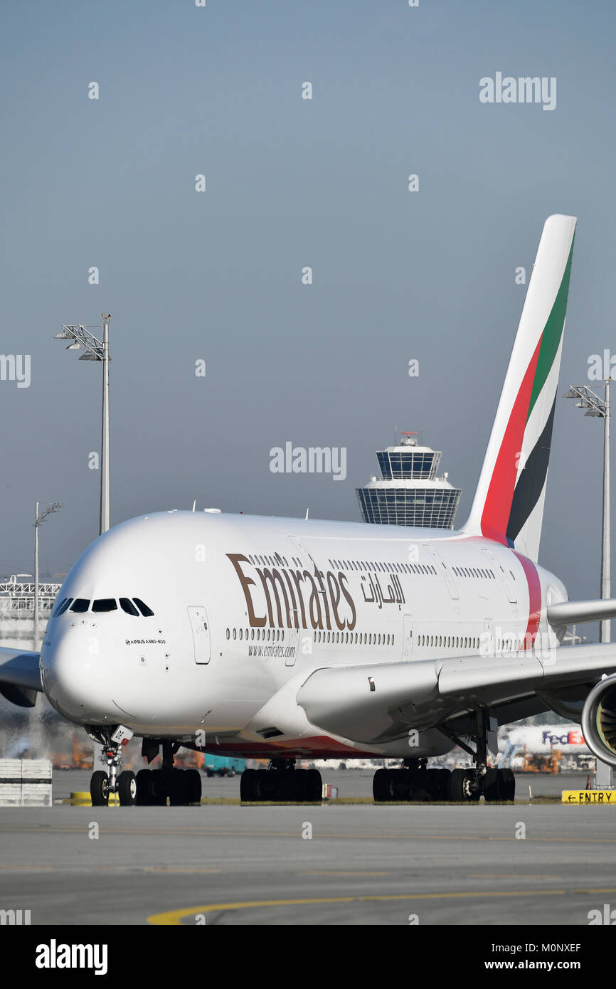 Emirates,Airbus,A380-800,Roll Out on Runway South,with Tower,Munich Airport,Upper Bavaria,Germany Stock Photo