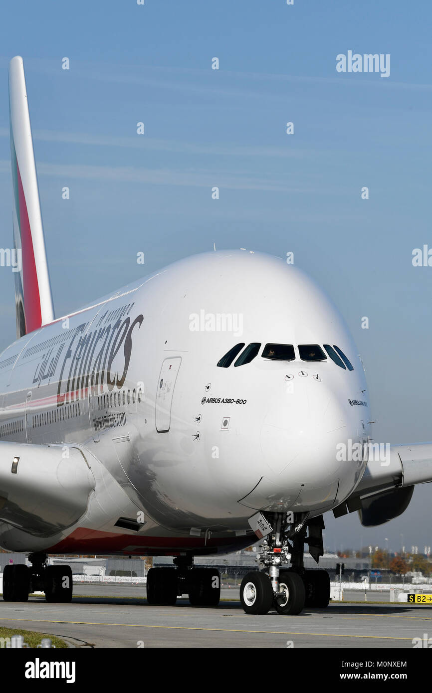 Emirates,Airbus,A380-800,Roll Out on Runway South,Munich Airport,Upper Bavaria,Germany Stock Photo