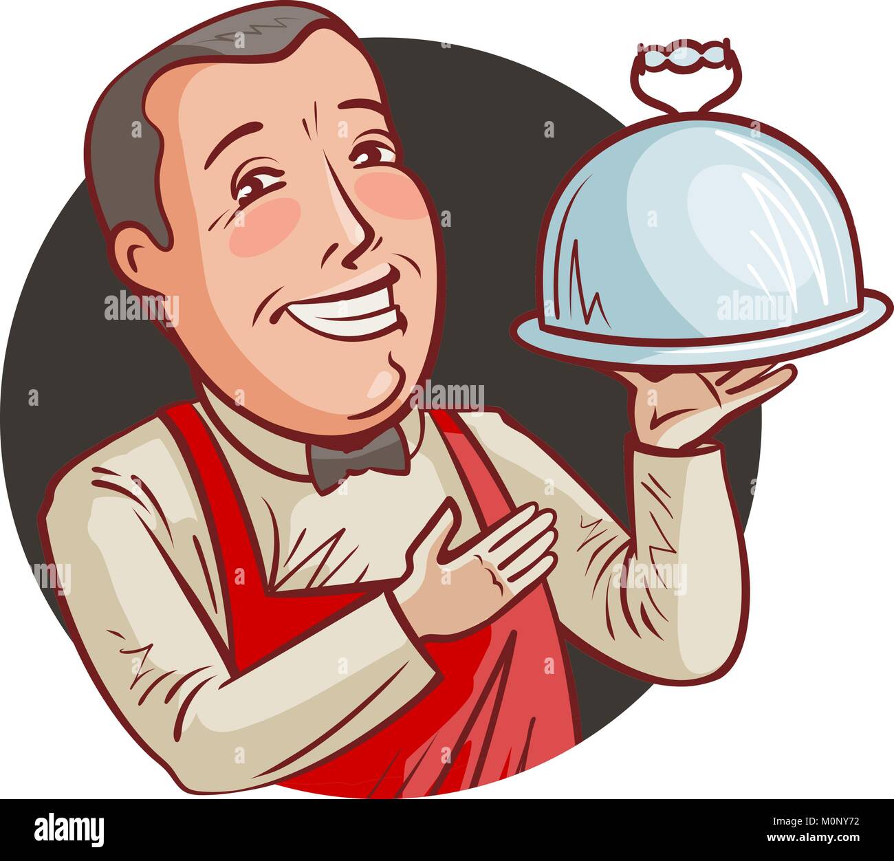 Happy waiter with tray in hand. Restaurant, eatery, food concept. Cartoon vector illustration Stock Vector