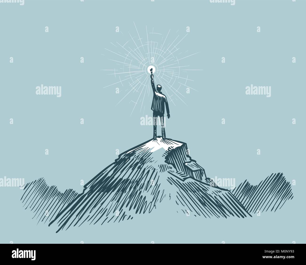 Businessman, traveler or man standing on peak mountain. Sketch vector illustration Stock Vector