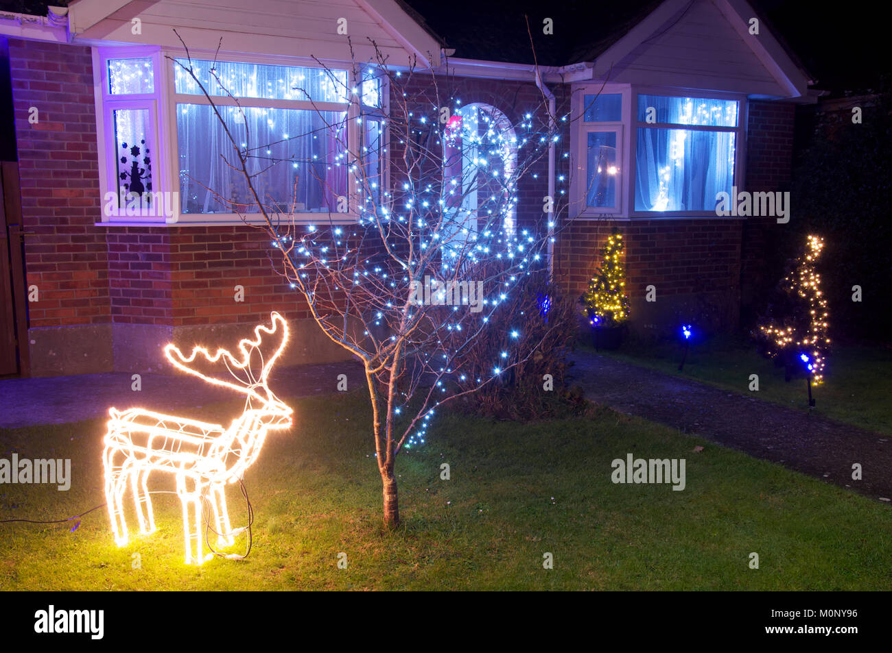 White Christmas lights and an illuminated electric reindeer decorate a tree and front garden of a suburban bungalow. Weymouth, England, United kingdom Stock Photo