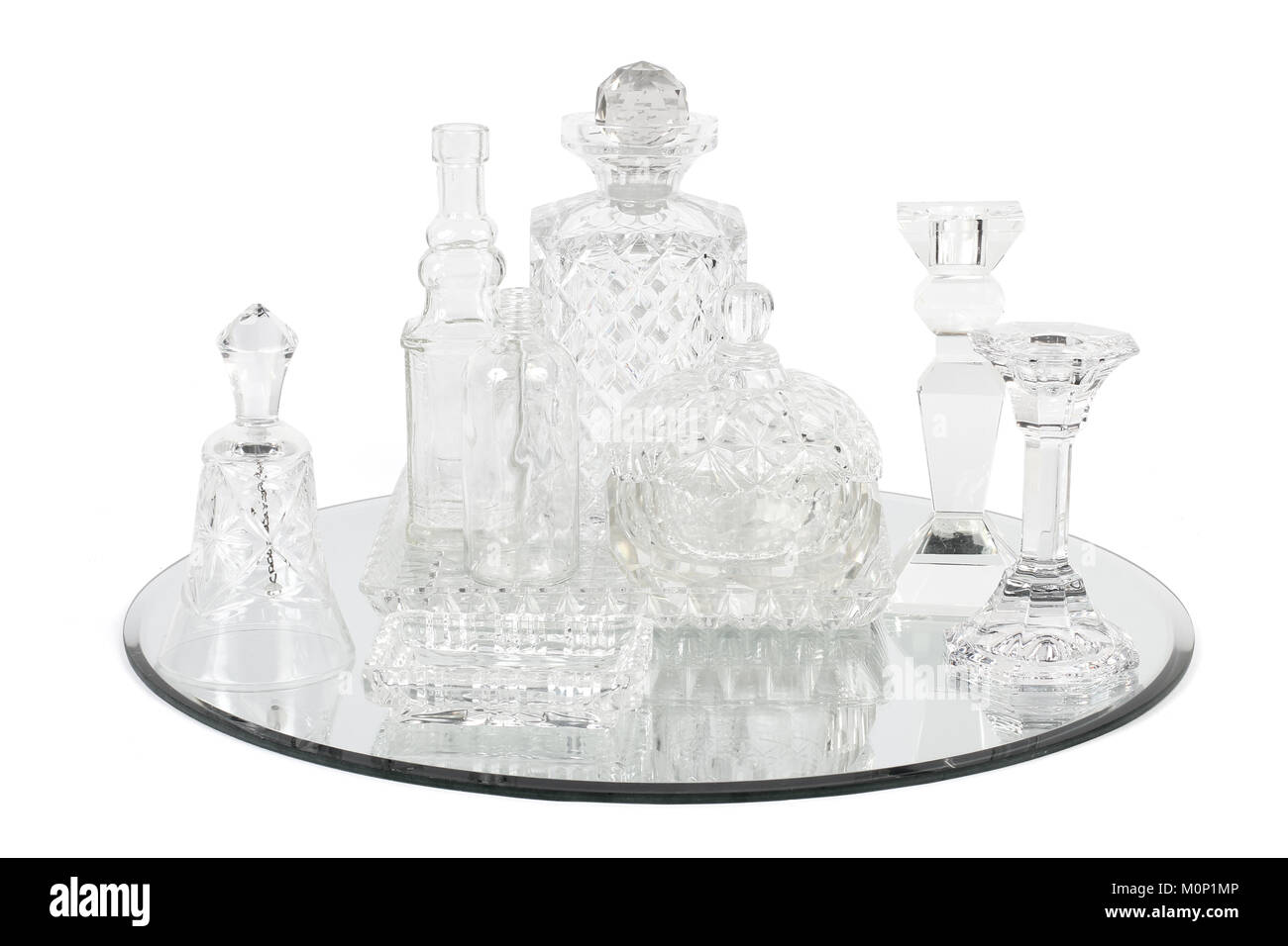 Crystal Decanters on Mirror Tray Stock Photo