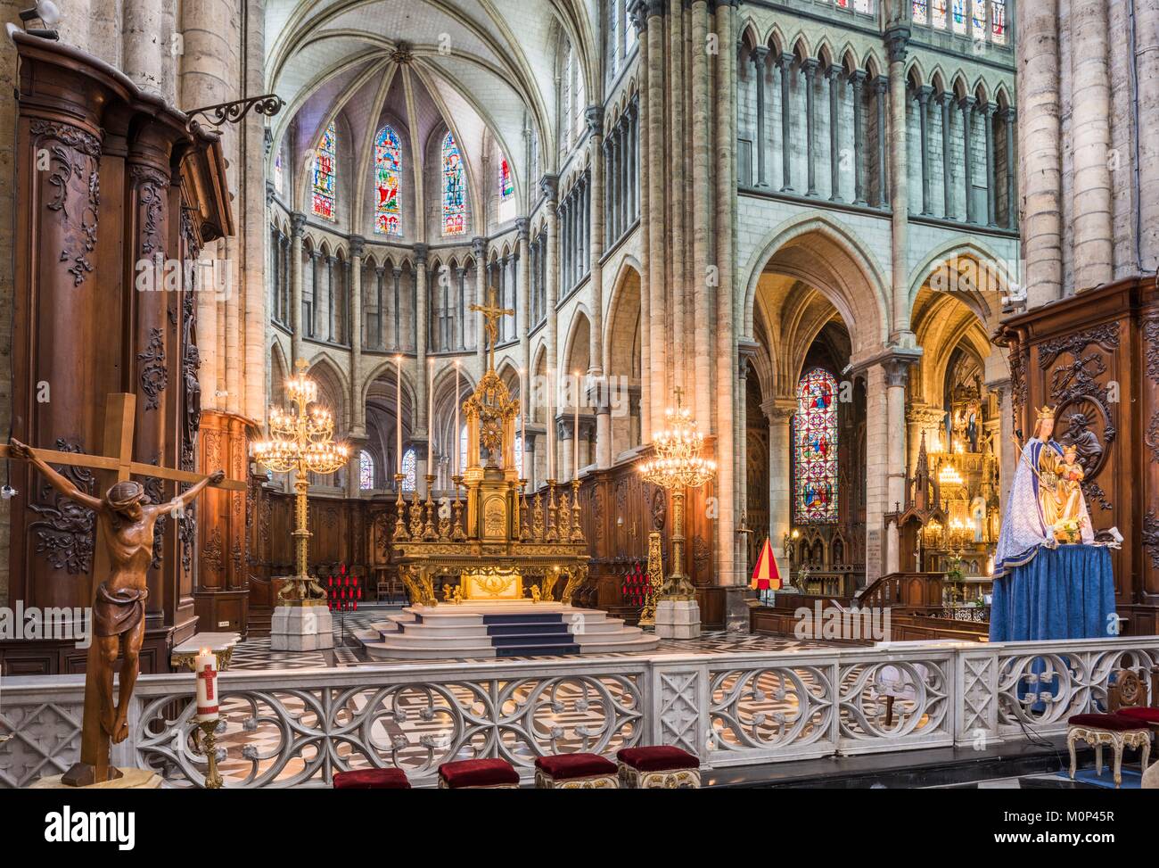 France,Pas de Calais,Saint Omer,the Gothic cathedral of Notre Dame de Saint Omer,13th century wooden statue of Our Lady of Miracles on the right side Stock Photo