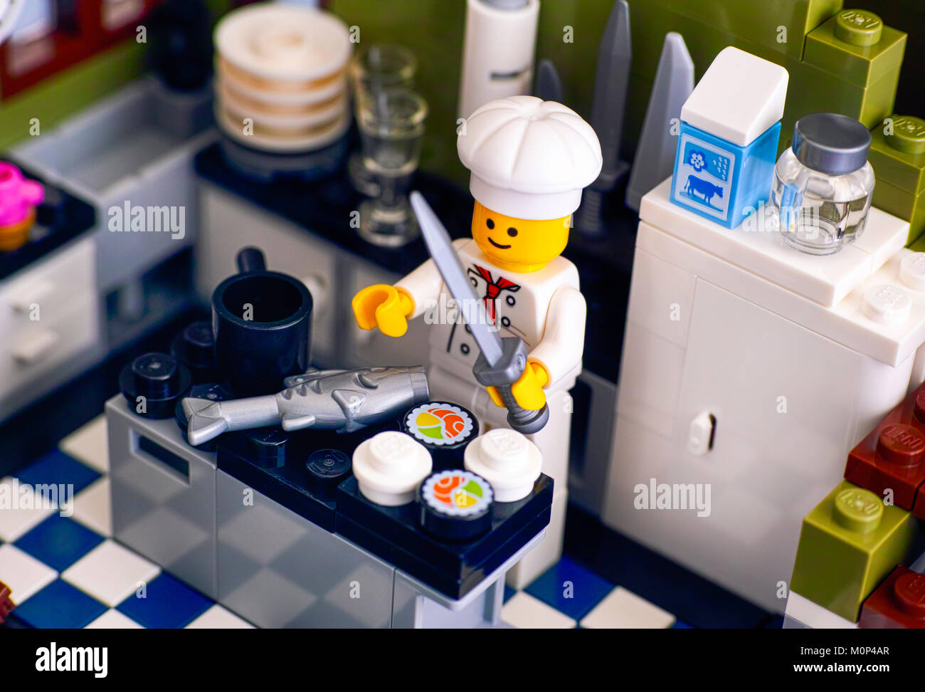 Tambov, Russian Federation - January 04, 2018 Lego chef cooking sushi ...