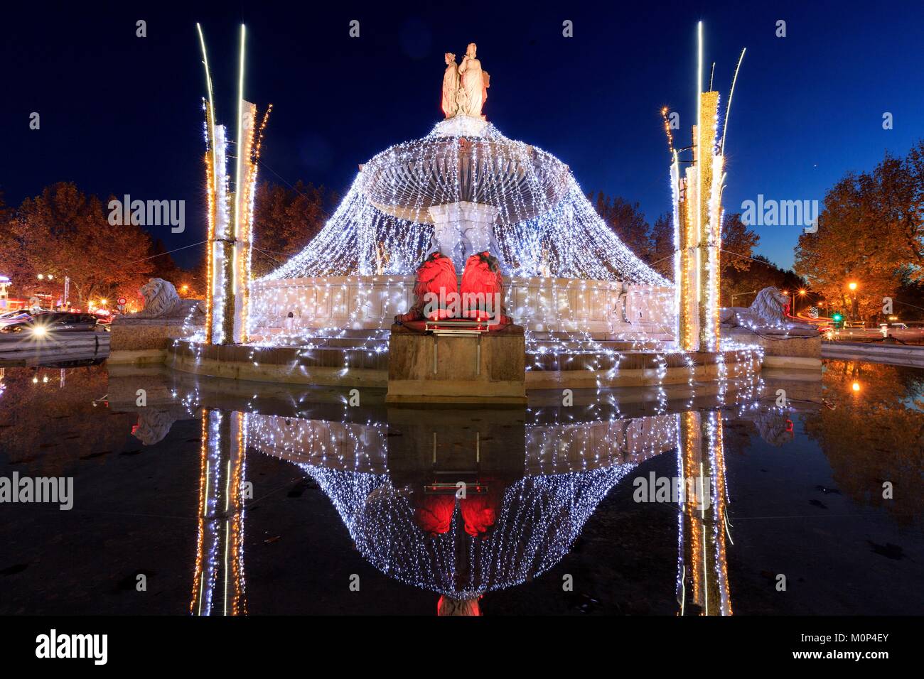 France,Bouches du Rhone,Aix en Provence,La Rotonde fountain,The Lions,Christmas illuminations Stock Photo