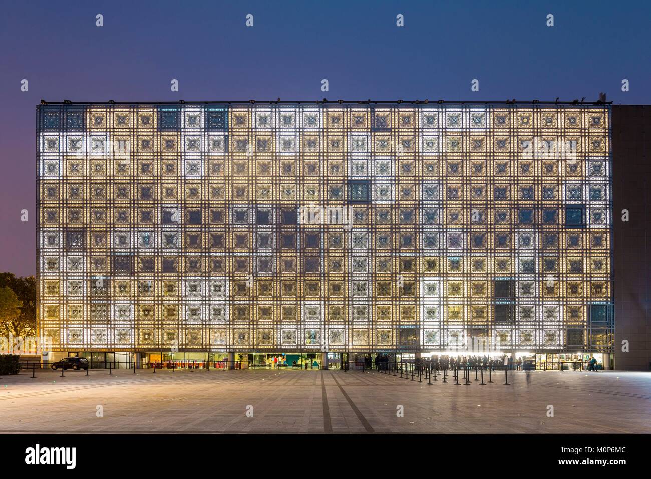 France,Paris,Institut du Monde Arabe (IMA),designed by architects Jean Nouvel and Architecture-Studio,white Night 2017 Stock Photo