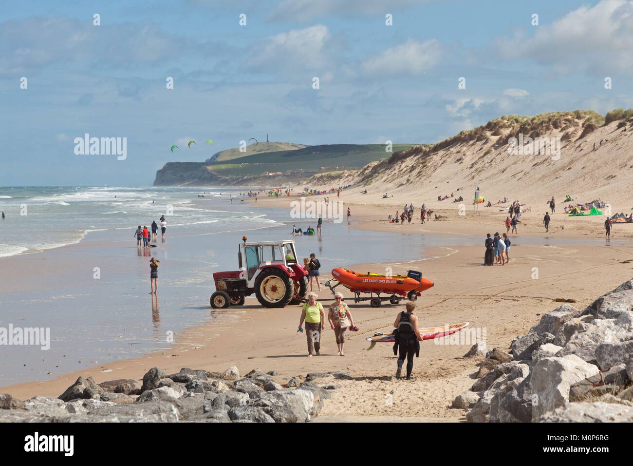 France,Pas de Calais,Wissant,offshore lifeboat pulled by a tractor and Cap Blanc Nez in the background Stock Photo