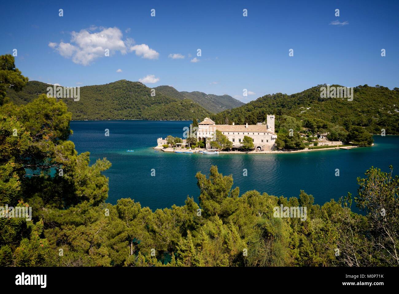 Croatia,Dalmatia,Dalmatian Coast,Mljet island,Mljet National Park,Benedictine monastery on St. Mary Island in Veliko Jezero (large lake) Stock Photo