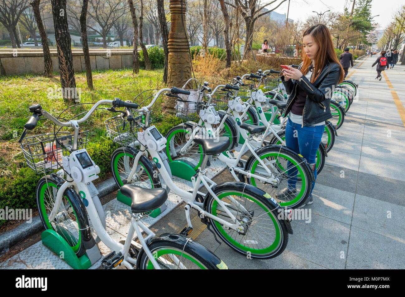 South Korea,Seoul,Yeongdeungpo-gu district,Yeouido is an island on the Han river and Seoul's main finance and investment banking district,Seoul Bike bikes for rent in the Yeouido Park Stock Photo