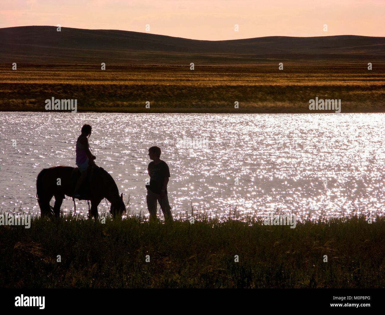 China,Inner Mongolia,20 kilometers west of the town of Ujimqin,central place for the Mongolian nomadic tribes,Mongolian horseback ride,a small but robust and domesticated animal,specific to the region Stock Photo