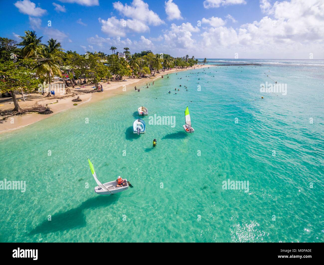 France,Caribbean,Lesser Antilles,Guadeloupe,Grande-Terre,Sainte Anne,aerial view of the municipal beach and its lagoon (aerial view) Stock Photo