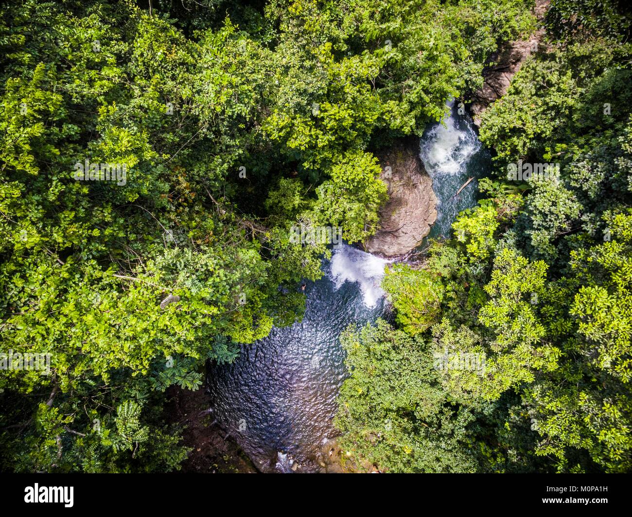 France,Caribbean,Lesser Antilles,Guadeloupe,Basse-Terre,Petit-Bourg,Heights Lézarde,aerial view of the Saut de la Lézarde and its basin in the heart of the tropical forest (aerial view) Stock Photo