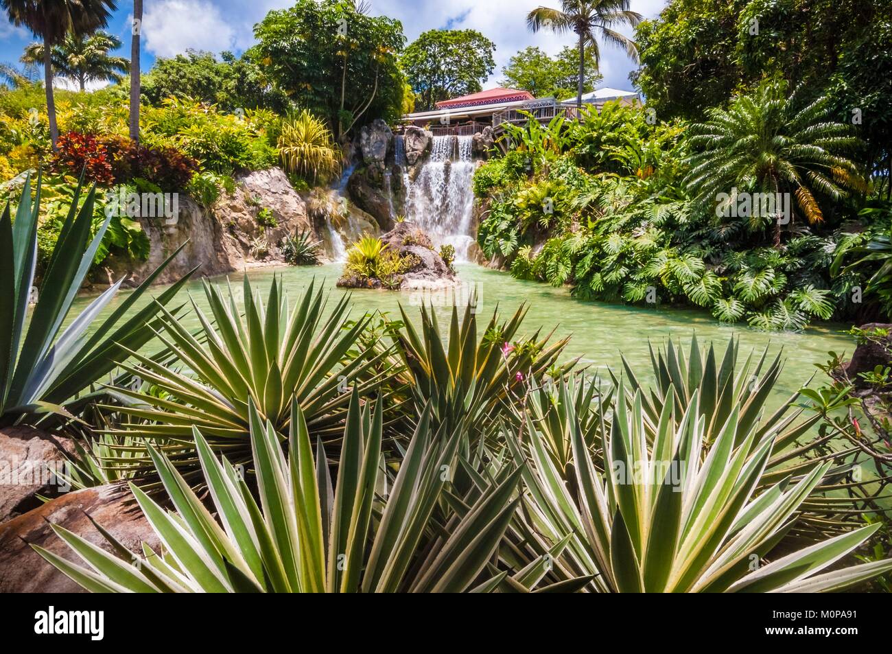 France,Caribbean,Lesser Antilles,Guadeloupe,Basse-Terre,Deshaies,botanical and animal garden,panoramic restaurant overlooking the pool and artificial waterfall Stock Photo