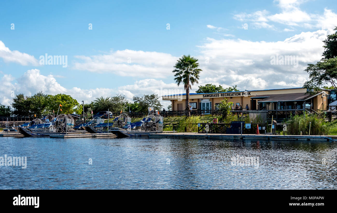 Sawgrass Recreation Park airboats and gift shop in Florida Everglades, a popular tourist destination for those visiting Fort Lauderdale, also air boat Stock Photo