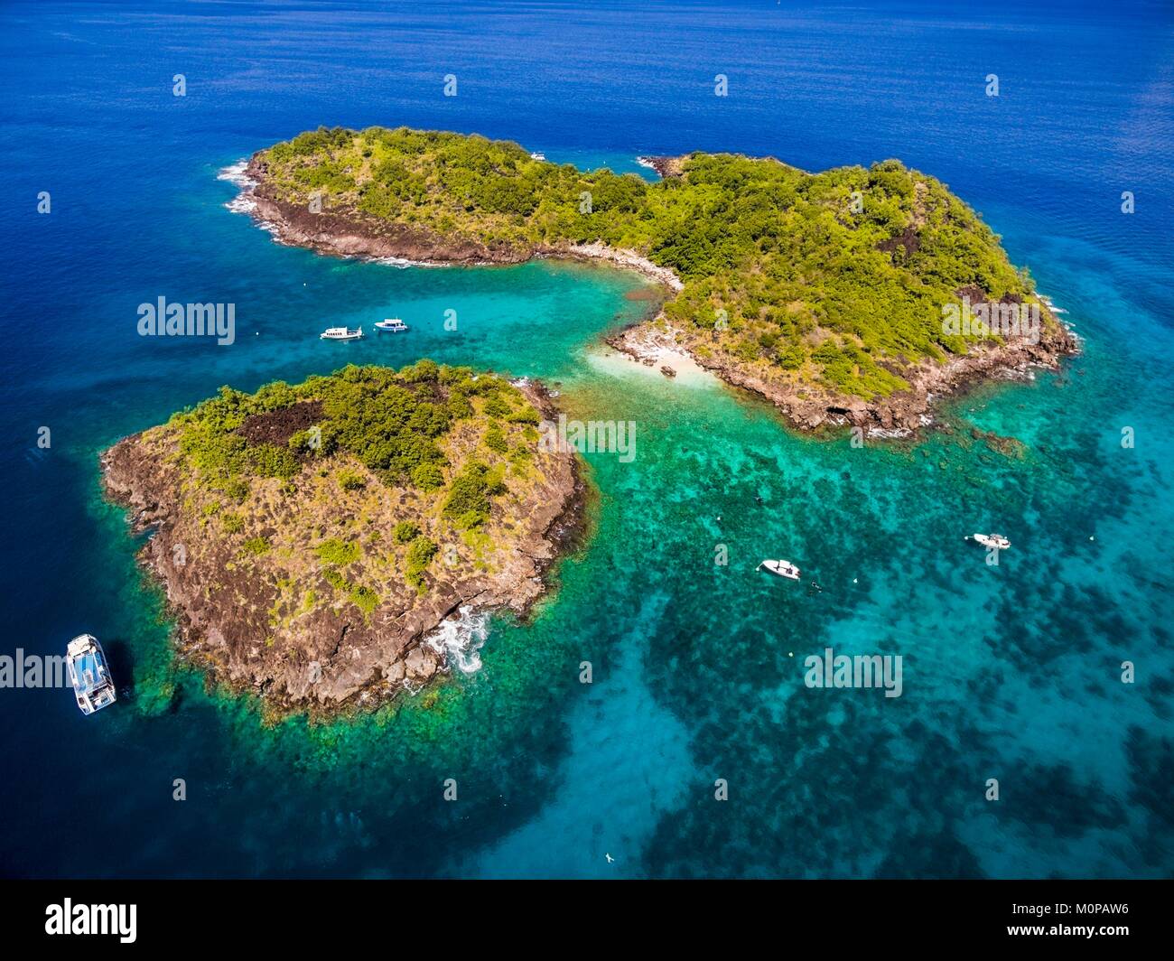 France,Caribbean,Lesser Antilles,Guadeloupe,Basse-Terre,Bouillante,aerial view of the Pigeon islands,in the heart of the Cousteau natural reserve in Malendure,high place of scuba diving of the archipelago (aerial view) Stock Photo